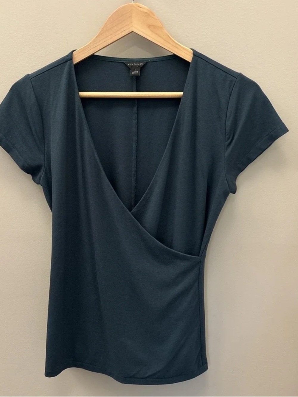 Ann Taylor Deep Teal Faux-Wrap Short Sleeve Blouse